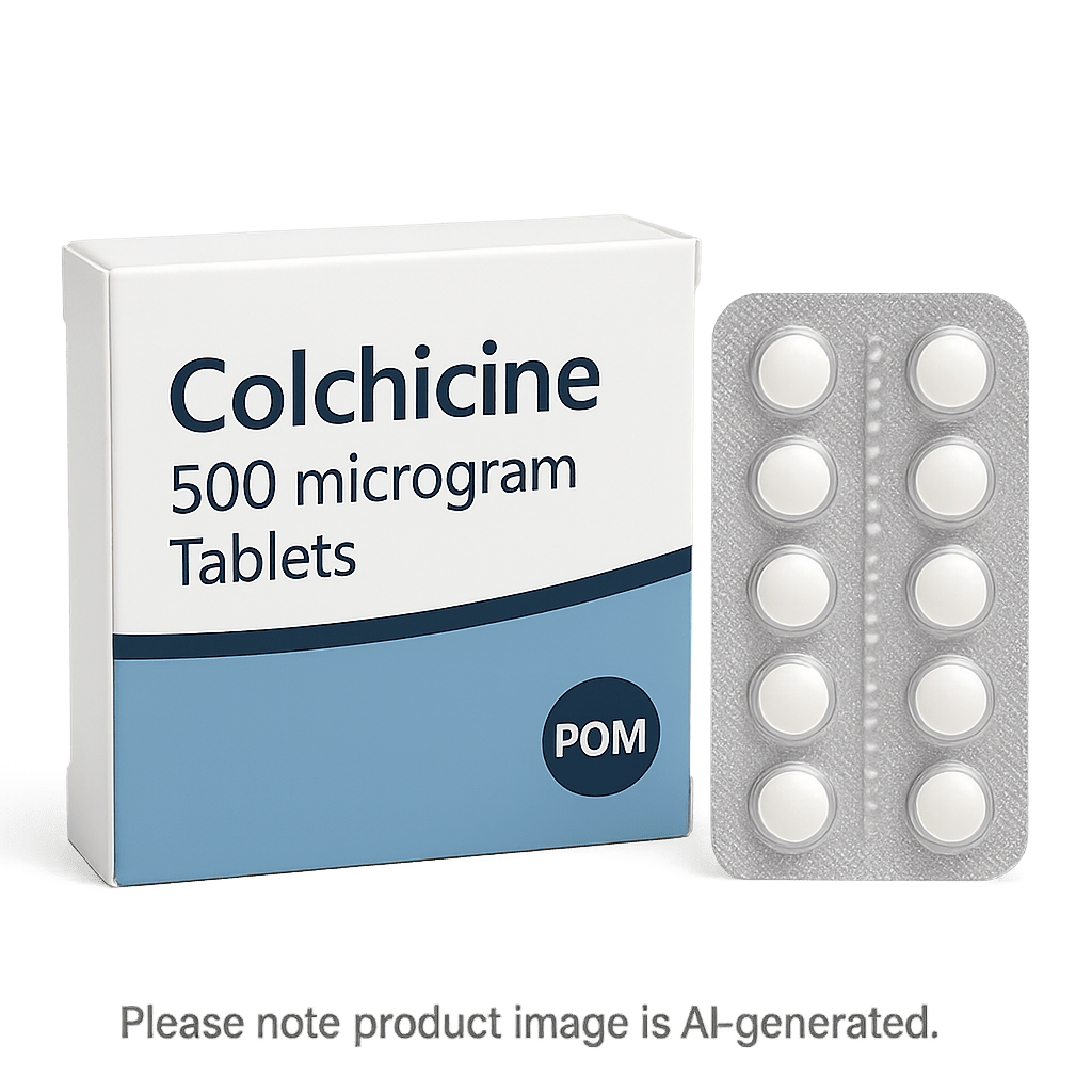 Box of Colchicine 500mcg Tablets used to manage joint pain from gout