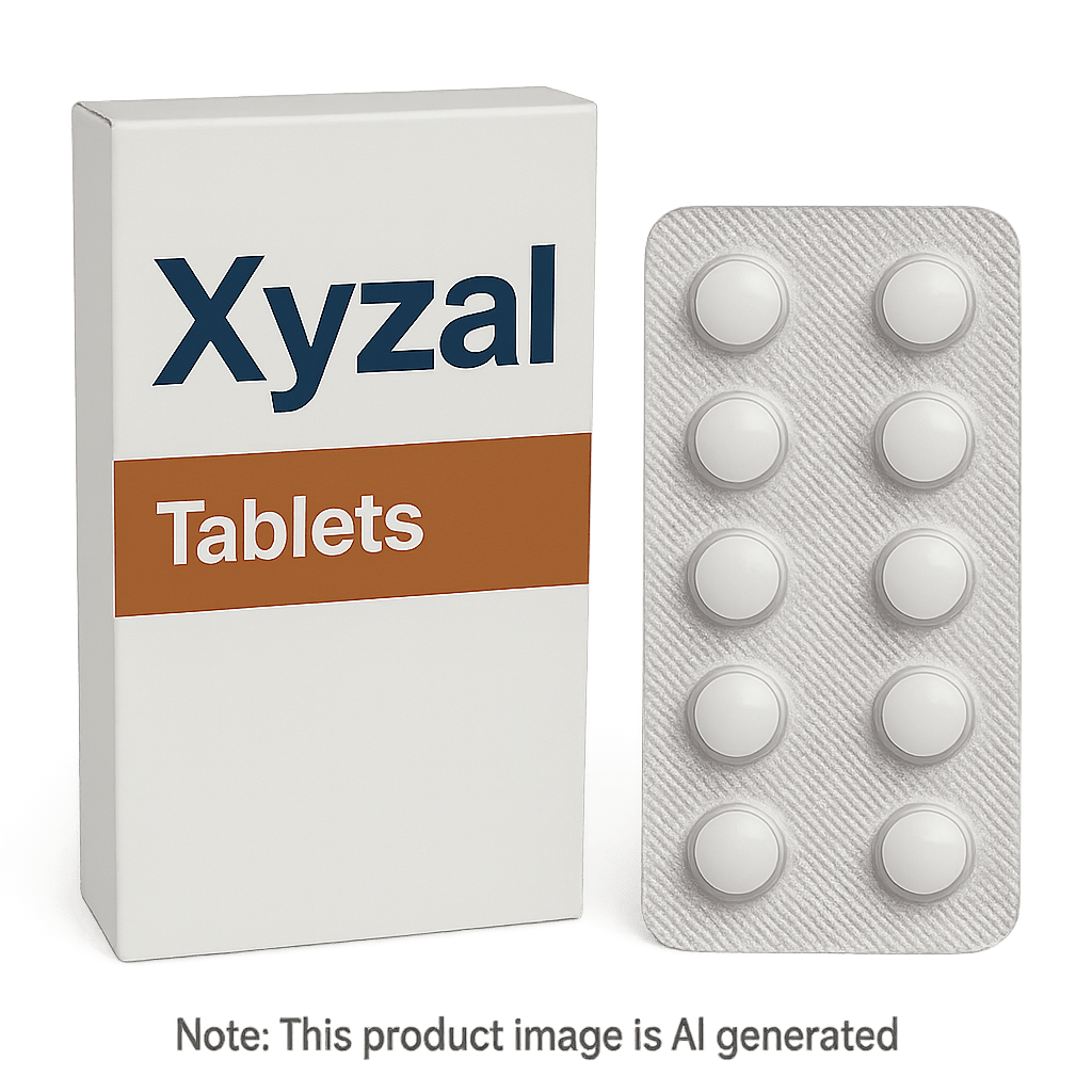 Box of Xyzal 5mg Tablets for allergy and hay fever relief